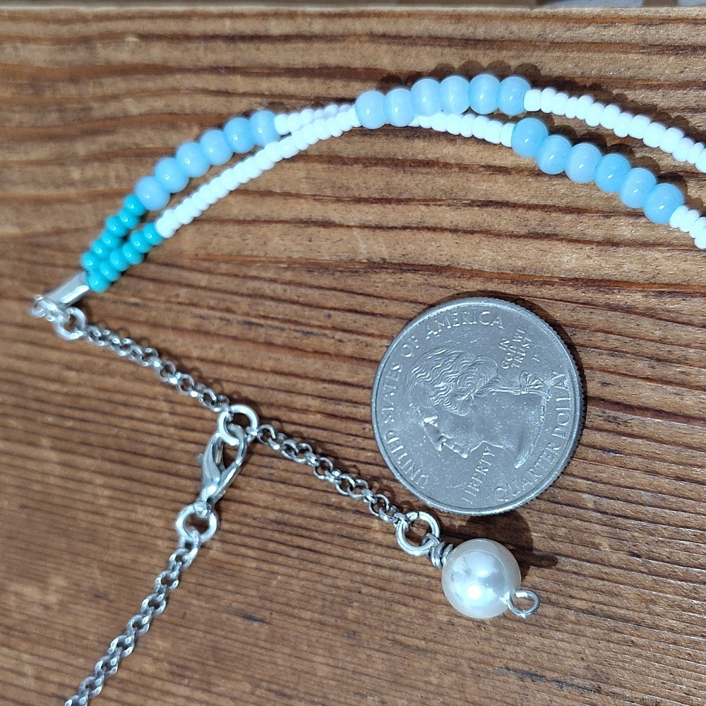 Ladies Choker Style Beach Beaded Necklace, Handmade, White and Blue, 16 Inches - Picture 2 of 4